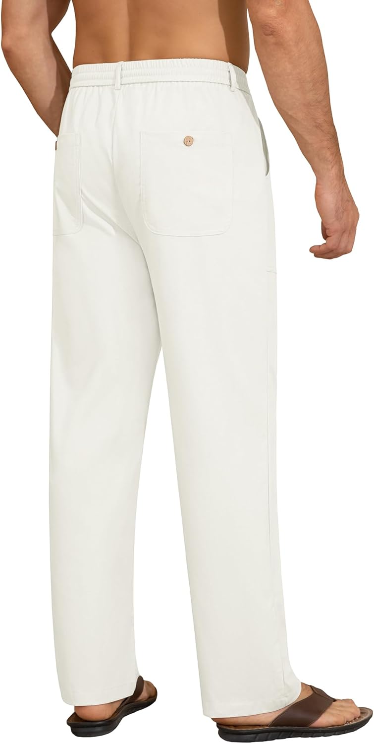 Mens Linen Pants Casual Elastic Waist Drawstring Pants Loose Straight Linen Pant Beach Trousers with 4 Pockets - Image 4