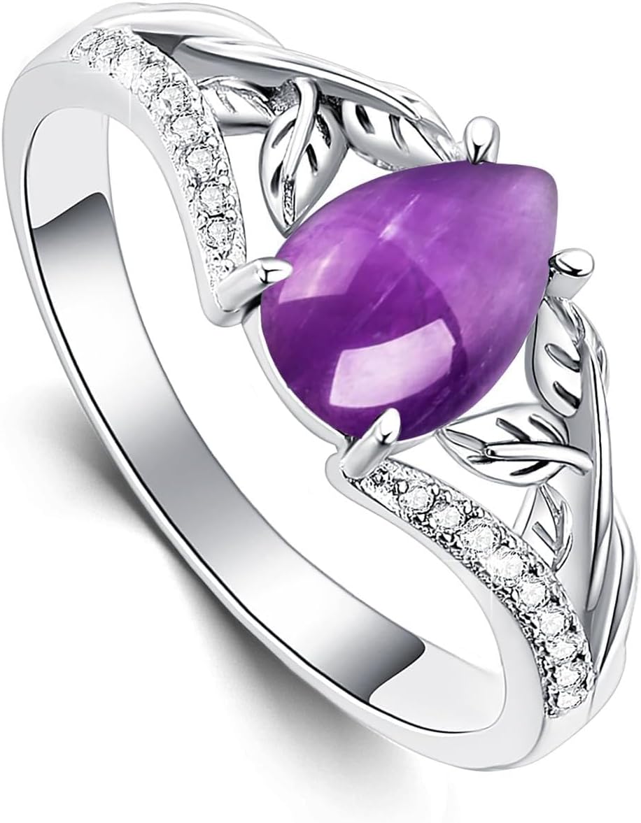 925 Sterling Silver Natural Amethyst Rings for Women Leaf and CZ Ring Purple Violet Crystal Teardrop Gemstone February Birthstone Healing Jewelry