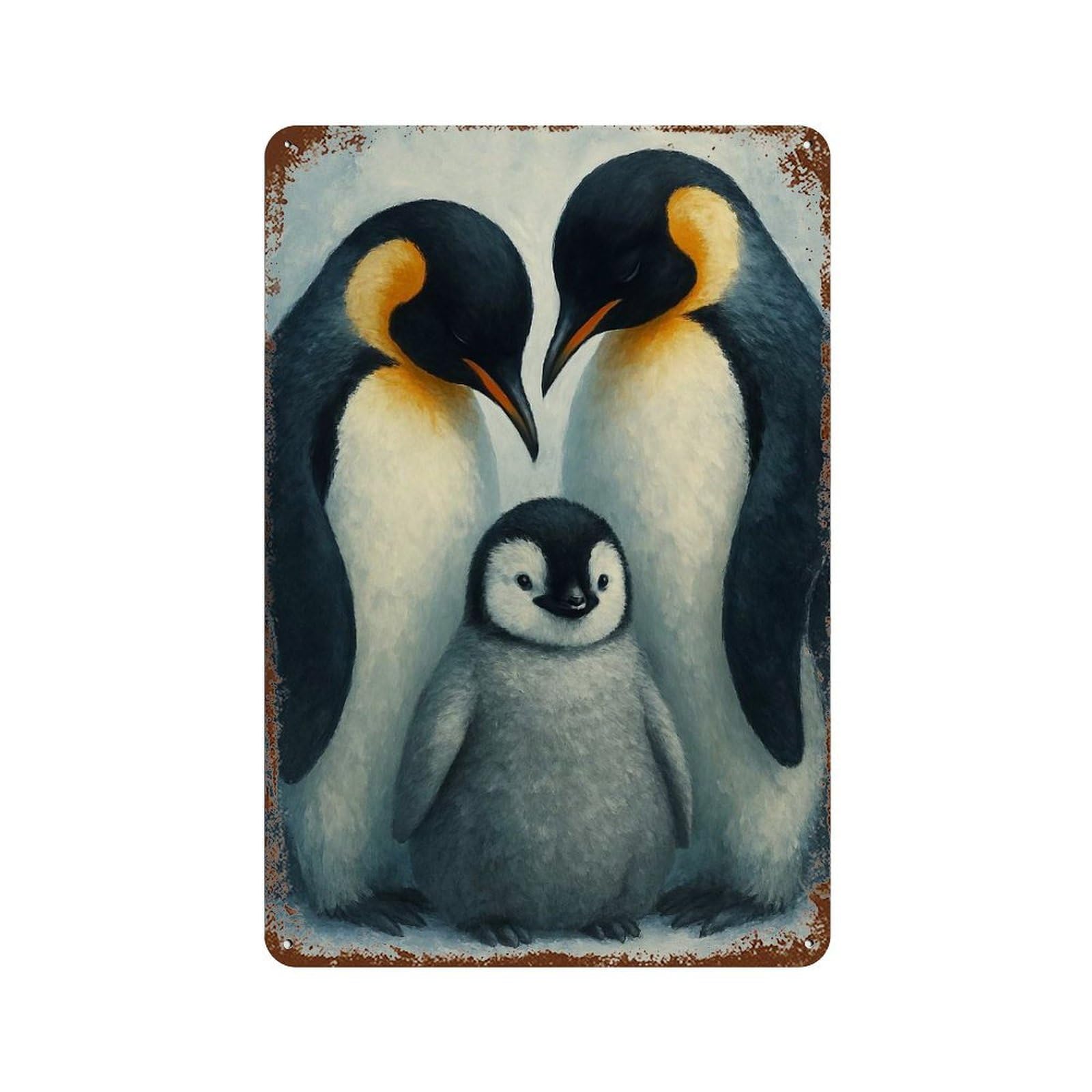 Rust Effect Penguin Family Portrait Distressed Metal Wall Sign 11.8"x7.9", Shabby Chic Decor for Pub, Kitchen And Man Cave Decor