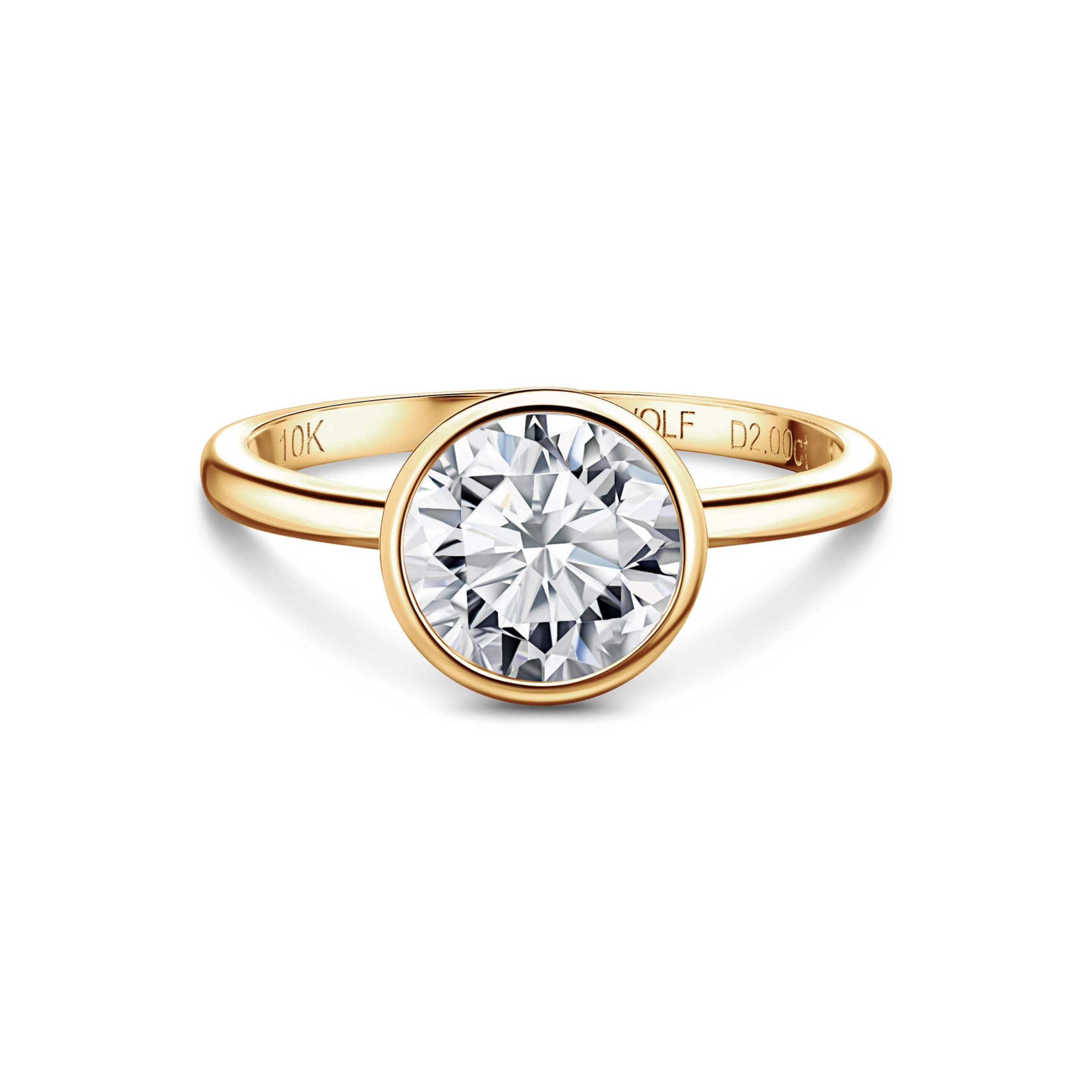 ISAAC WOLF Lab Created 10k Solid Gold 2 CT Round Cut Bezel Seting Solitaire Moissanite Diamond Ring in White, Yellow OR Rose GOLD