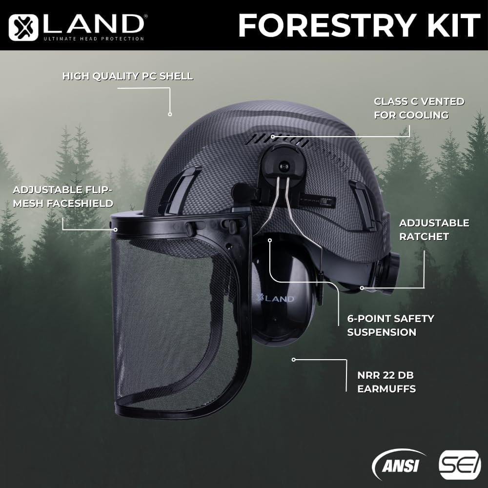 Land Helmets EcoPro Forestry Kit - ANSI Z89.1 Type I Class C Vented - Forestry Helmet Kit with Faceshield & Earmuffs - 3 in 1 Helmet Kit - Ideal for Arborists