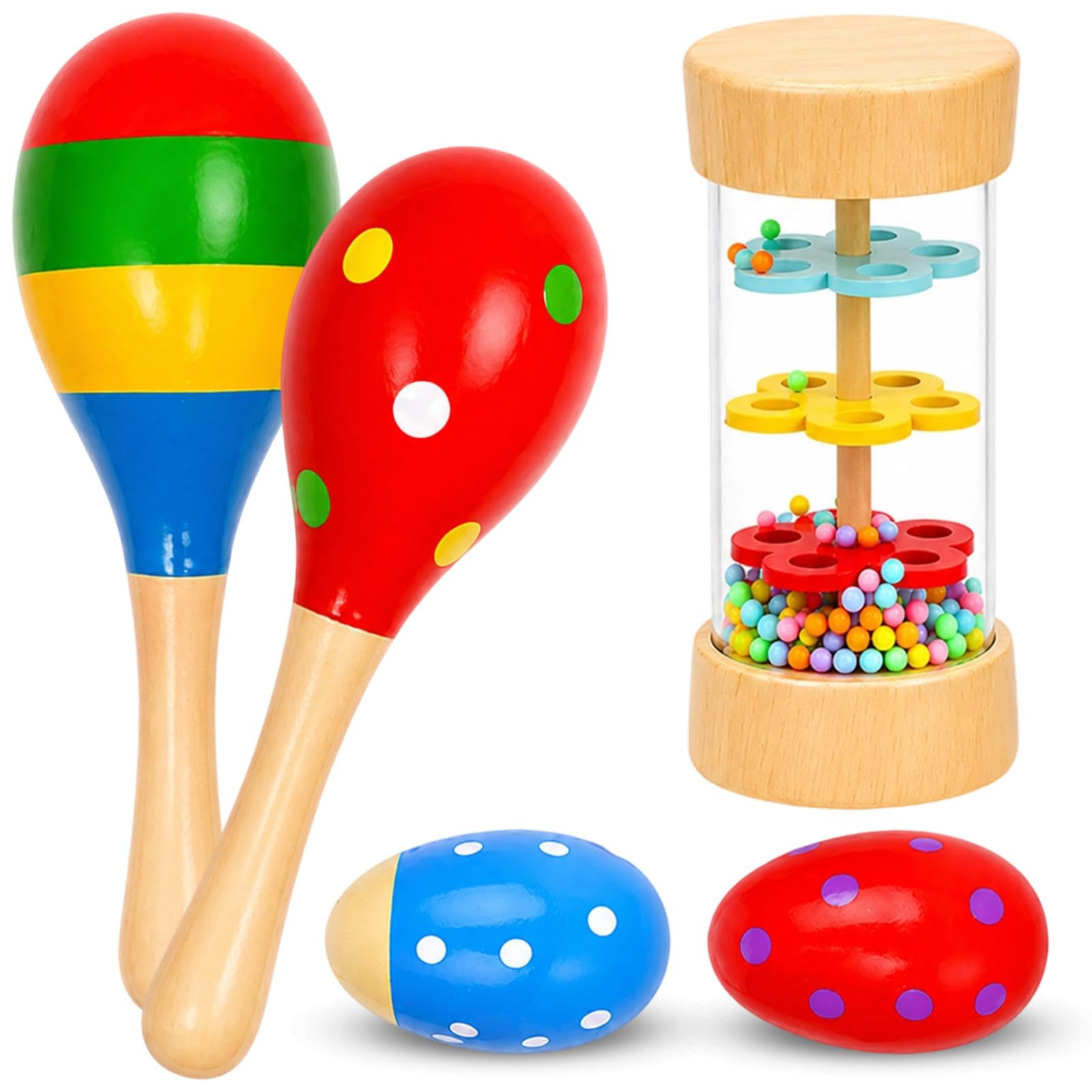 5Pcs Maracas, Educational Musical Instruments for Early Development, Rattle with Colourful Design, Including Maracas and Rainmaker