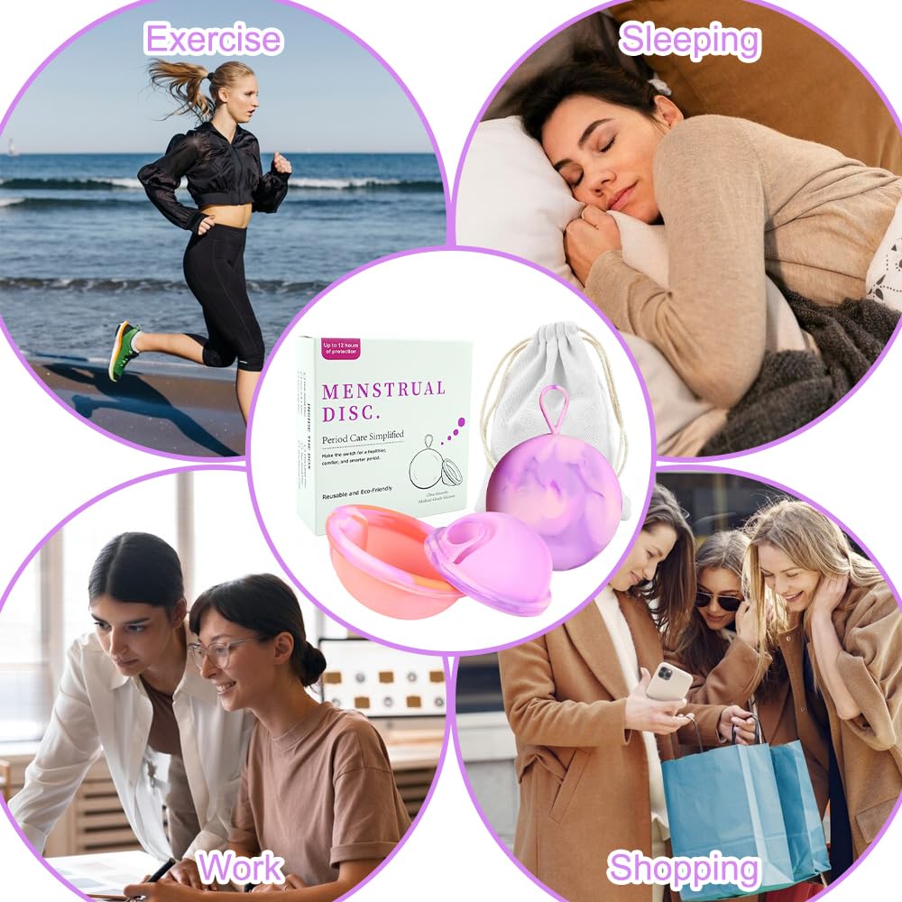Zestaw krążków menstruacyjnych, z 2 krążkami okresowymi w rozmiarze S+L i kieszeniami do przechowywania, kubek menstruacyjny wielokrotnego użytku z silikonu, dla aktywnych kobiet, uprawiania