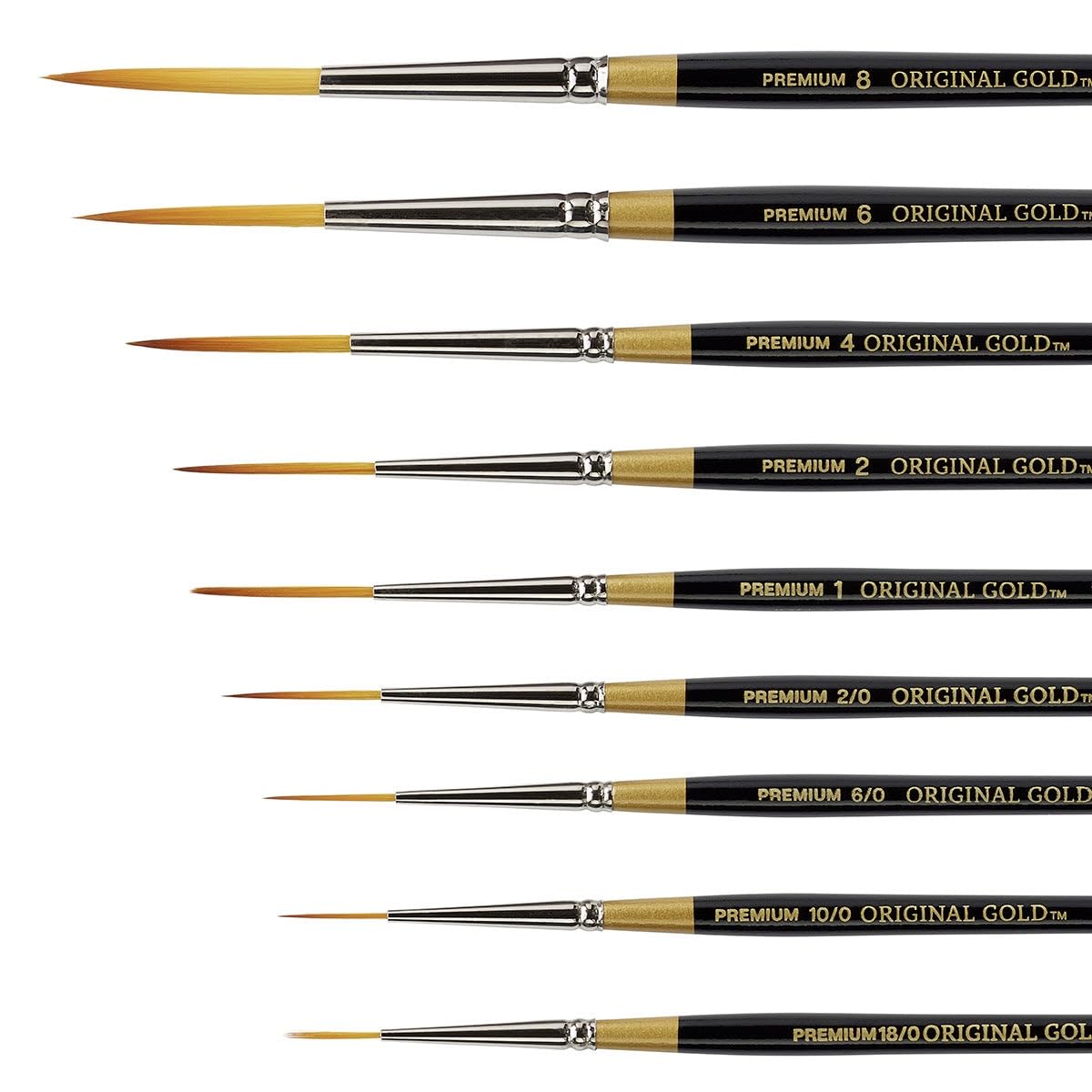 KINGART Original Gold 9050 Script Liner Series Premium Golden Taklon Multimedia Artista Pinceles Tamaños: 18/0, 10/0, 6/0, 2/0, 1, 2, 4, 6, 8, Set de 9