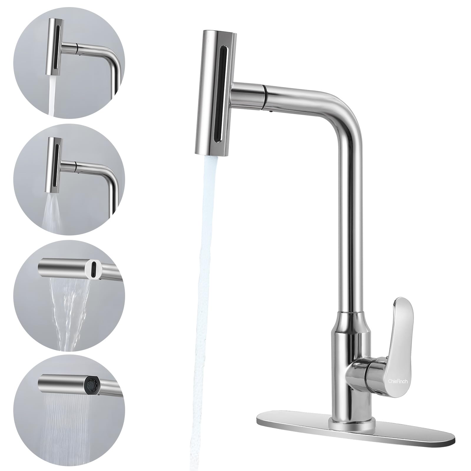 ChieFinch Kitchen Faucets with Pull Down Sprayer & 4 Spray Modes, Stainless Steel Water Faucet for Bathroom Kitchen Bar Sink RV Single or 3 Hole Pull Out Sink Faucets with Deck Plate, Silver