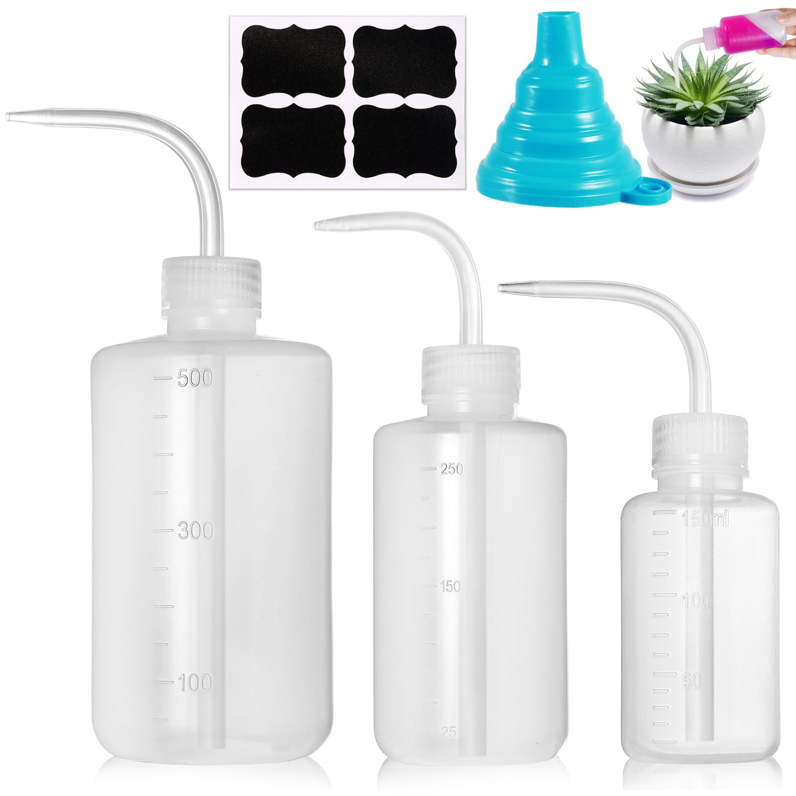 3Pcs Wash Bottle 500ml 150ml 250ml, Plastic Lab Wash Bottles, Tattoo Wash Bottles with Scale Labels, Squeeze Bottle No Spill Bend Mouth Watering Cans for Eyelash Cleaning, Plant Watering