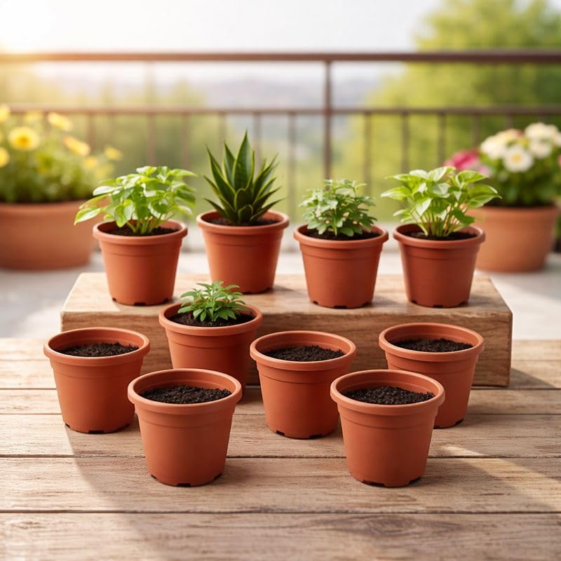 Image of Indian Gardens - 4 inch Indoor (Pack of 10) Plastic Small Colour pots | Plastic Plant Pot for Terrace Garden (Terracotta)