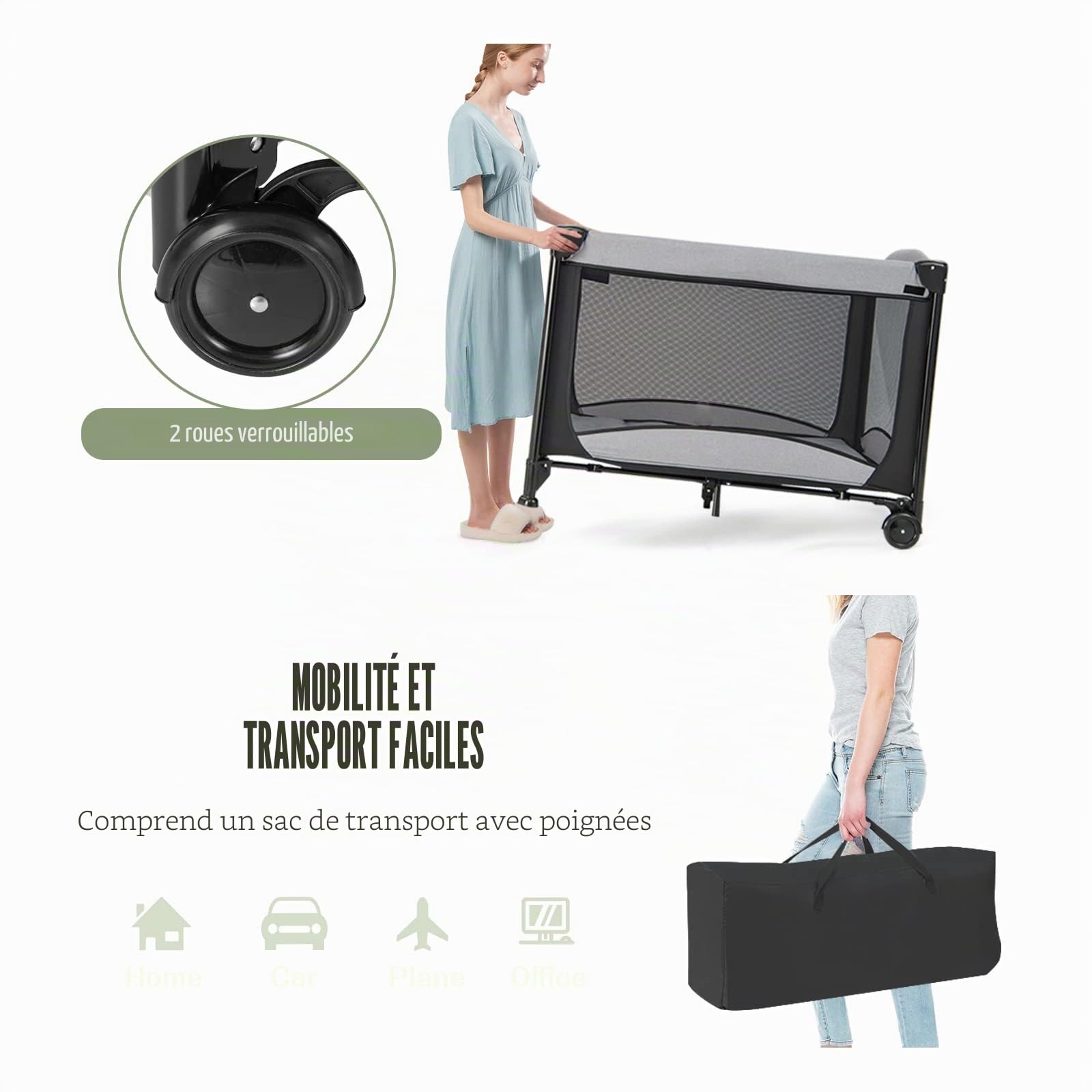 LIFEZEAL Lit Parapluie Bebe avec Matelas en PP et Tube de Fer, Lit Bébé Evolutif avec Table à Langer et Berceau, Lit Pliable avec Sac, Charge de 15 KG, 0-36 Mois, 110x78x78 CM (Noir, 110x78x78 CM)