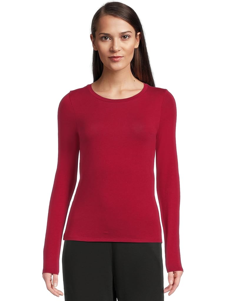 Red Eileen Fisher Sheer Knit Round Neck Slim Long Sleeve Tee