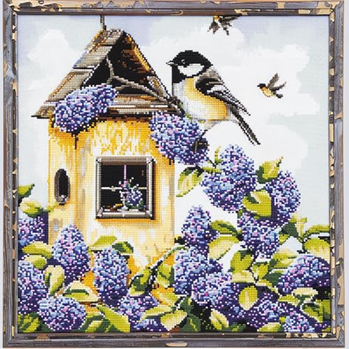 Chickadees Birds Perched on Roof DIY 11CT Stamped Cross Stitch Kits for Beginners Easy Needlepoint Embroidery Counted Cross Stitch Art Craft for Wall Decoration 14x14inch(1)