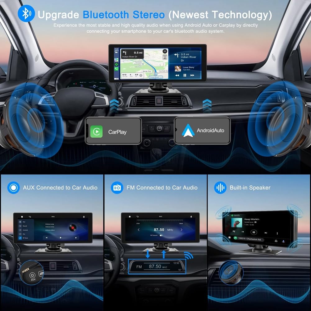 Autoradio Carplay portatile fili con dashcam, schermo IPS HD 10,26, Android Auto, Telecamera retromarcia 1080P, Ricambi Bluetooth