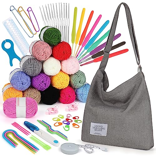 Katech Crochet Kit For Beginners, 70 Pcs Beginners Crochet Kit For Adults Kids Includes 16 Yarns For Crocheting Crochet Hooks Set Canvas Tote Bag Knitting Kit Complete Knitting&Crochet Supplies(Grey) #TOP23