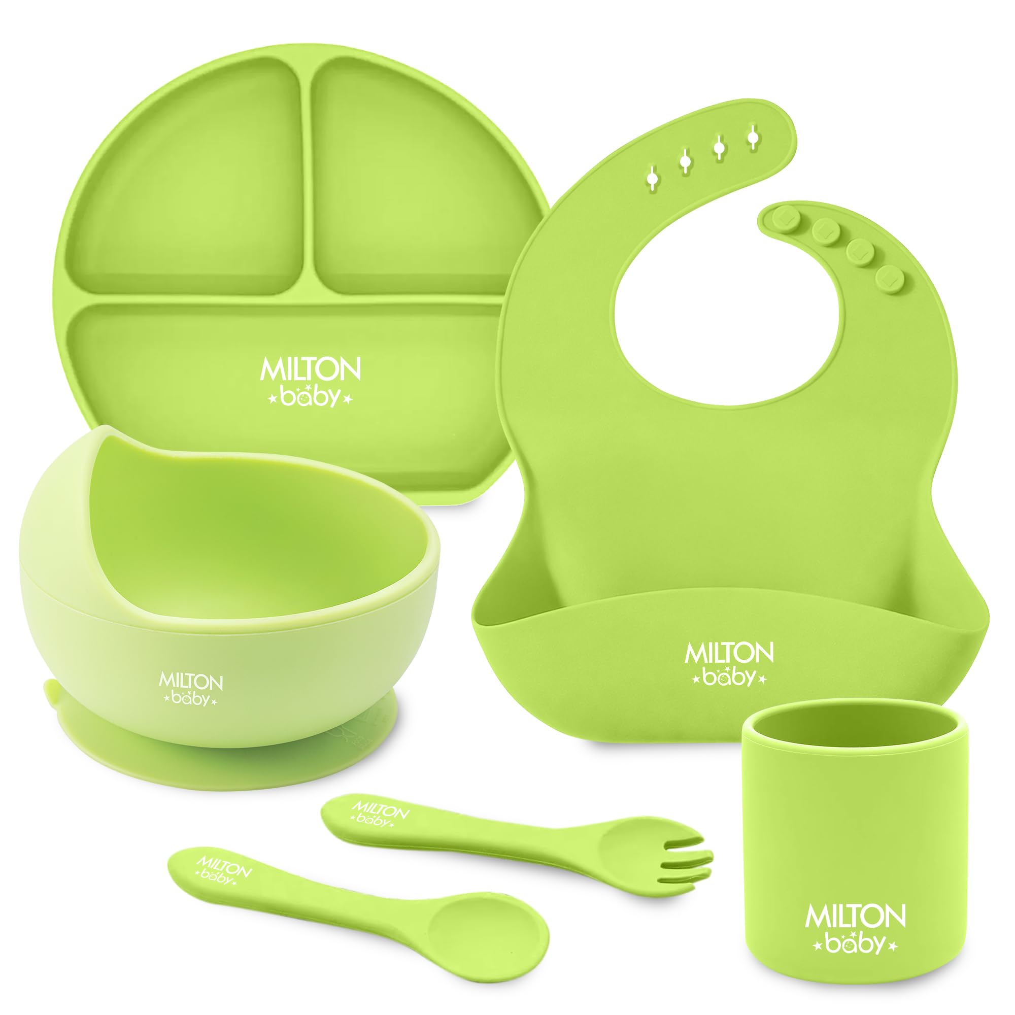 Silicone Feeding Set of 6 I Strong Suction Base with Release Tab I 100% Food Grade-BPA Free I Weighted Base Tumbler I No Mess I Adjustable Fit Bib I Soft Spoon I Light Green-image-36