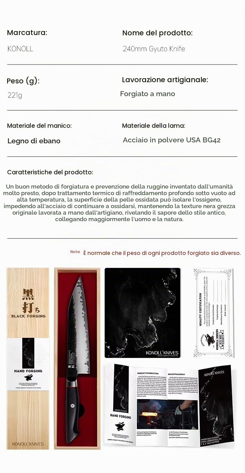 Coltello da Cucina Kiritsuke Forgiato Nero | Acciaio USA BG42 Ultra Affilato | Coltello da Chef Professionale | Design Giapponese | Alta Precisione per Carne, Pesce e Verdure