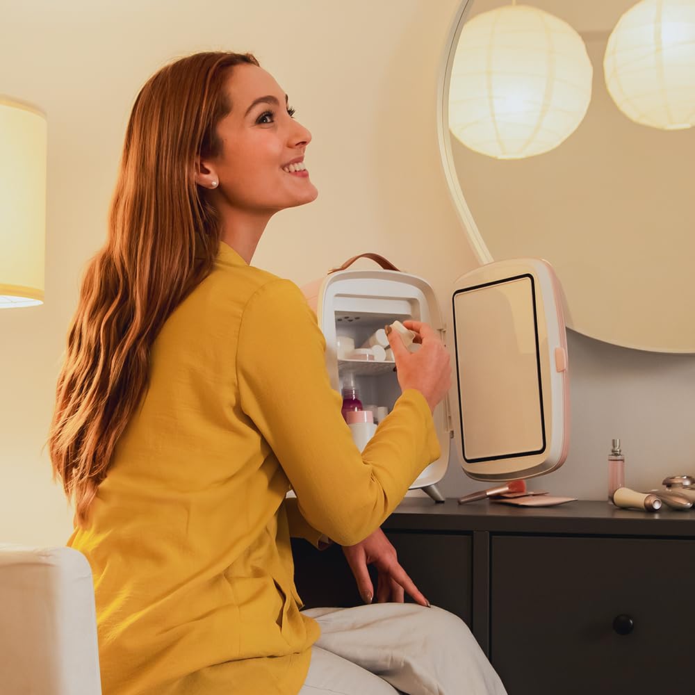 Cecotec Frigorifero Piccolo per Cosmetici 6L CoolingBeauty 6000 Mirror Rose. Mini Frigorifero con Porta con Specchio Esterno, Luce LED con 3 Intensità, Raffreddamento fino a 10ºC