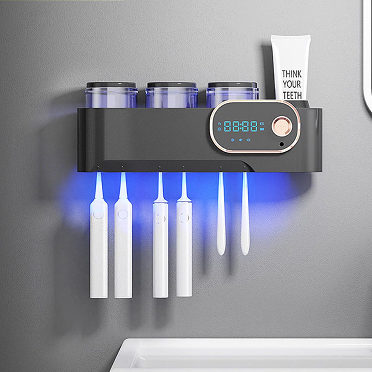Desinfectante UV para cepillo de dientes y soporte con función de secado, esterilizador de cepillo de dientes eléctrico montado en la pared con función de inducción y temporización, color negro