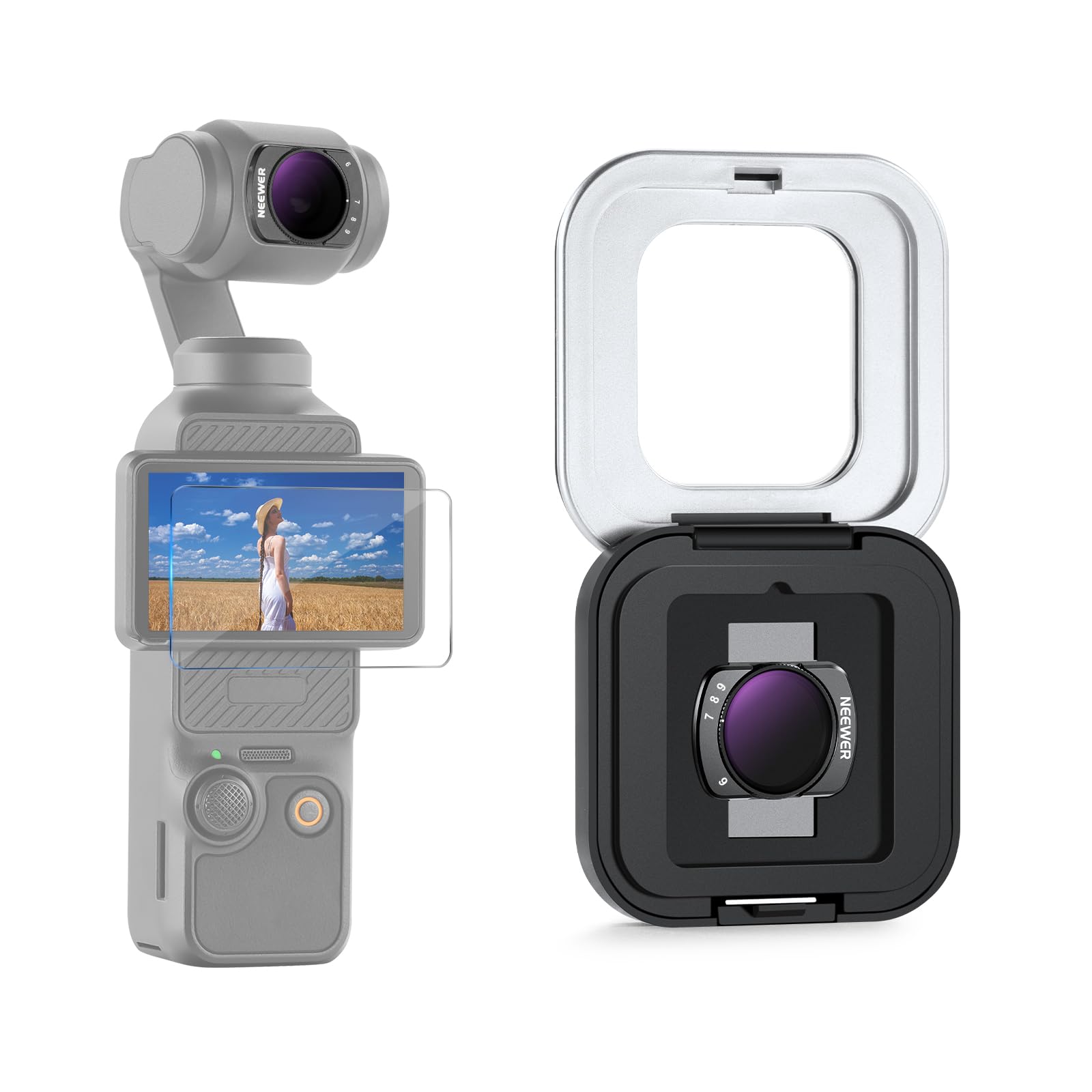 NEEWER Variable ND Filter Compatible with DJI Osmo Pocket 3 / Pocket 4 / Xtra Muse, Magnetic Multicoated ND64-512 Neutral Density Action Camera Lens Filter Accessories with Screen Protector & Case