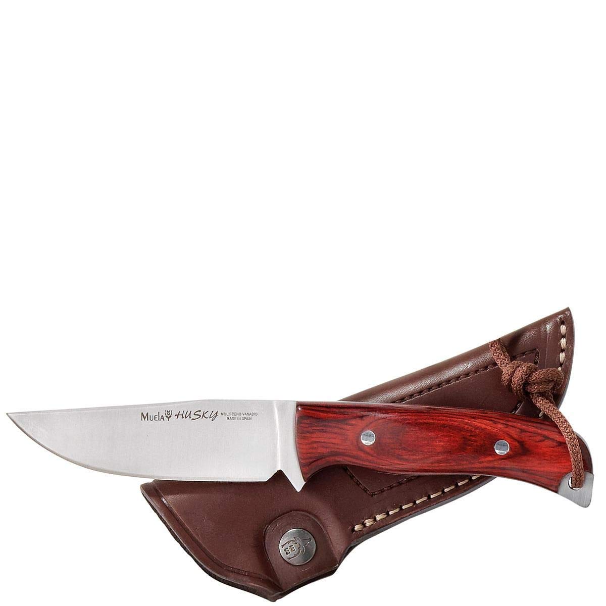Muela Cuchillo husky HUSKY-10R hoja de acero ACX-380 de 10 cm y empuñadura de madera rosewood para Caza, Pesca, Supervivencia y Bushcraft Realizado en Ciudad Real + Portabotellas de regalo