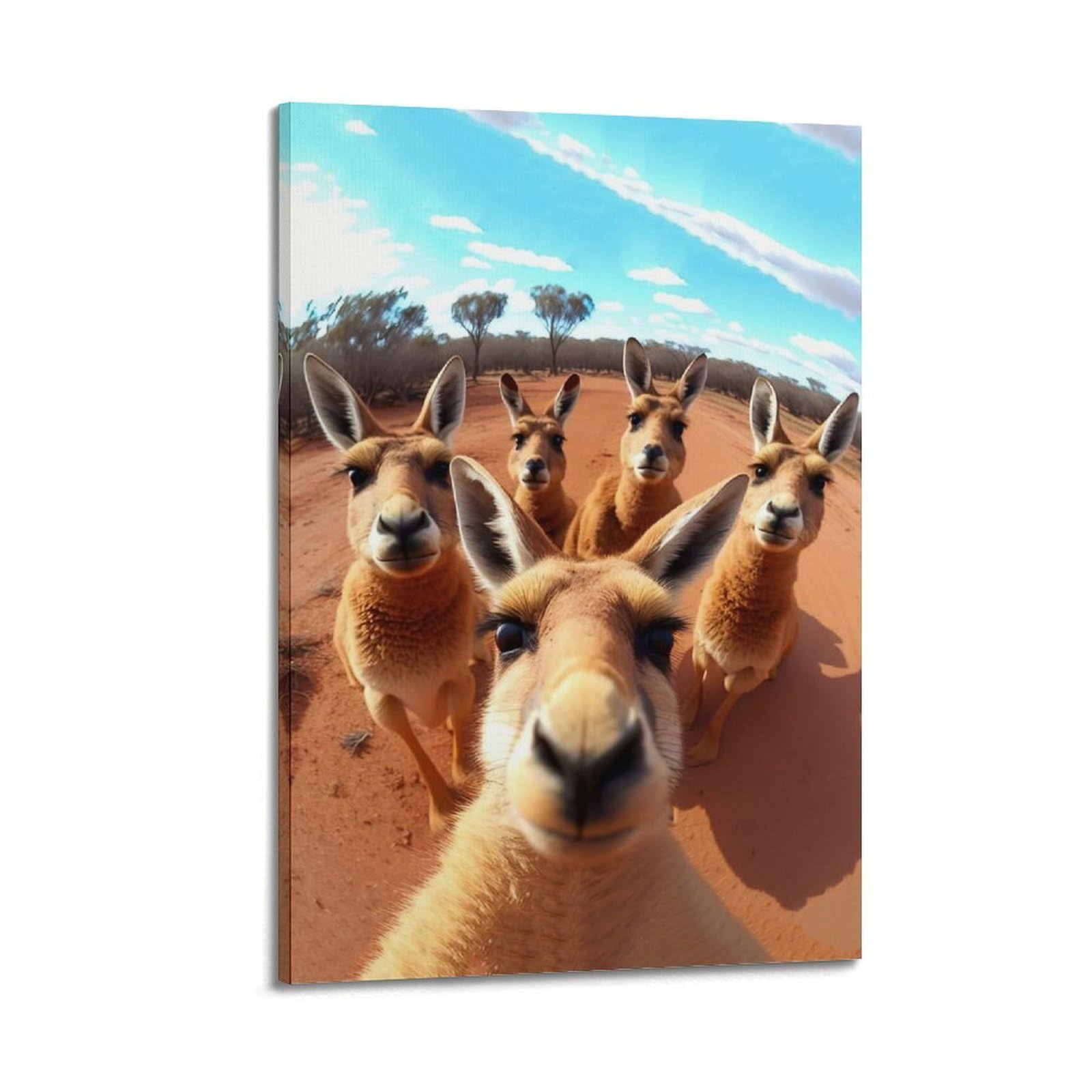 Xkuga Boys Frame-Style Funny Animal Poster Wildlife Vintage Kangaroo Selfie Modern Decorative Canvas Prints - Ideal Wall Art For Family, Man Cave, Game Room, & Girls Bedroom 20X30inch(50X75cm)