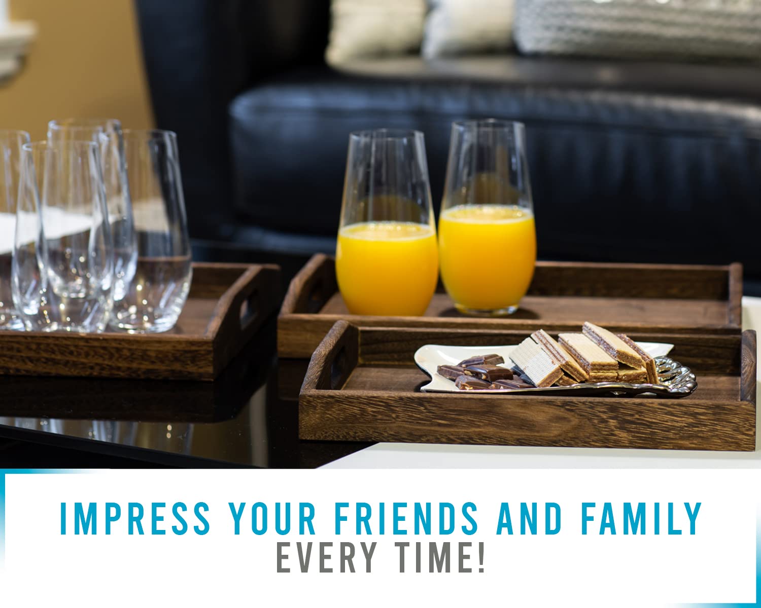 Serving Trays Set of 3 - Ottoman Wood Trays for Entertainment, Food and Décor - Rustic Farmhouse Distressed Wood Finish - Stained Wood Brown