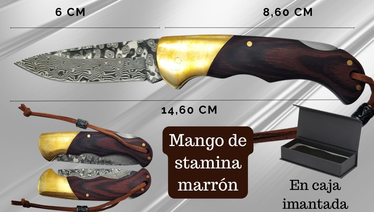 Navaja Damasco 73 Capas | Hoja 6 cm, Back Lock, Virola Alpaca, Caja Imantada | Llavero Monedero de Piel Hecho en España para 6 Llaves con Cierre de Botón (Damasco Marrón)