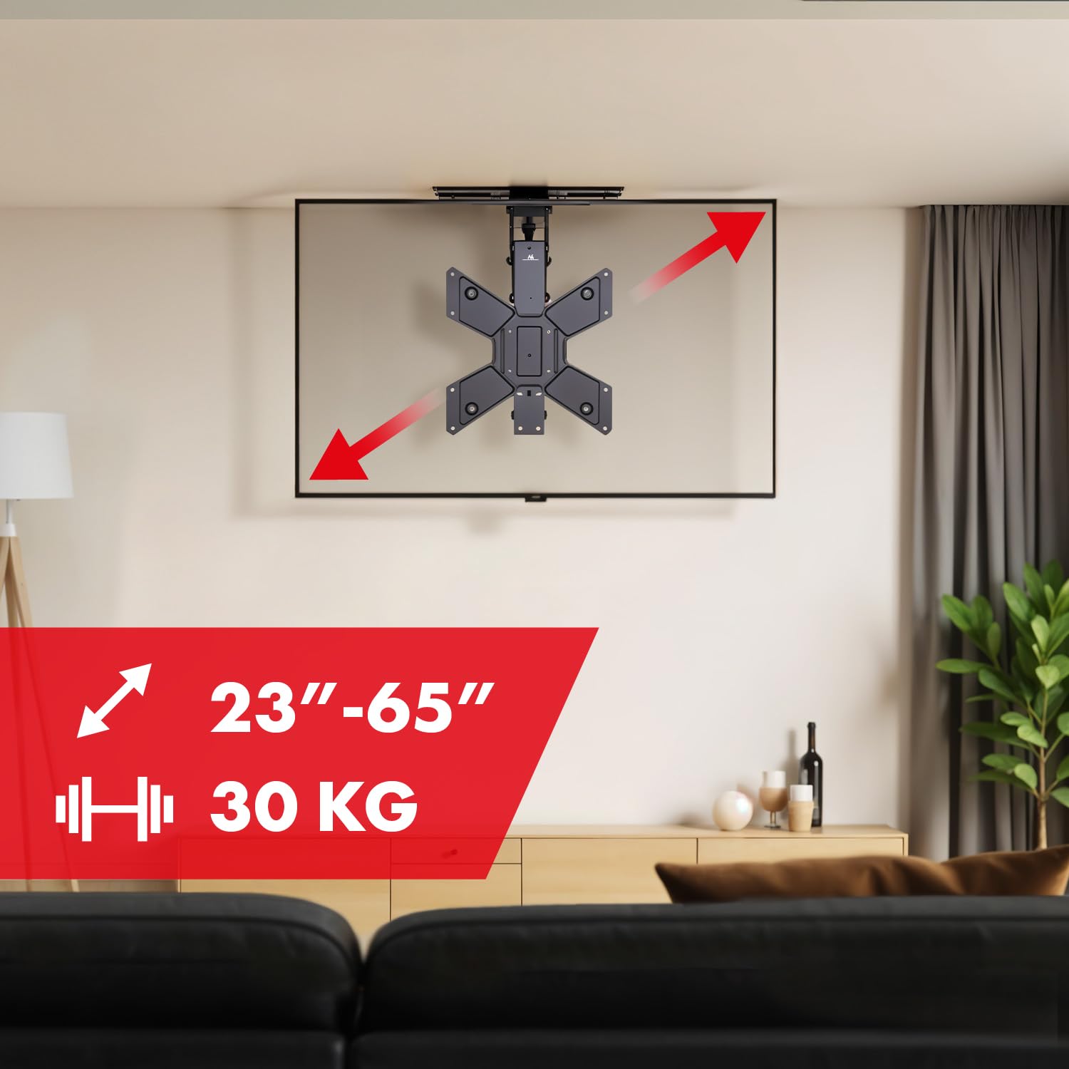 Maclean Elektryczny uchwyt sufitowy do telewizora 23"-65" | zmotoryzowany i składany | aplikacja TUYA i pilot zdalnego sterowania | nośność 30 kg | wychylny ± 90° | kąt nachylenia 0° do -75° | VESA