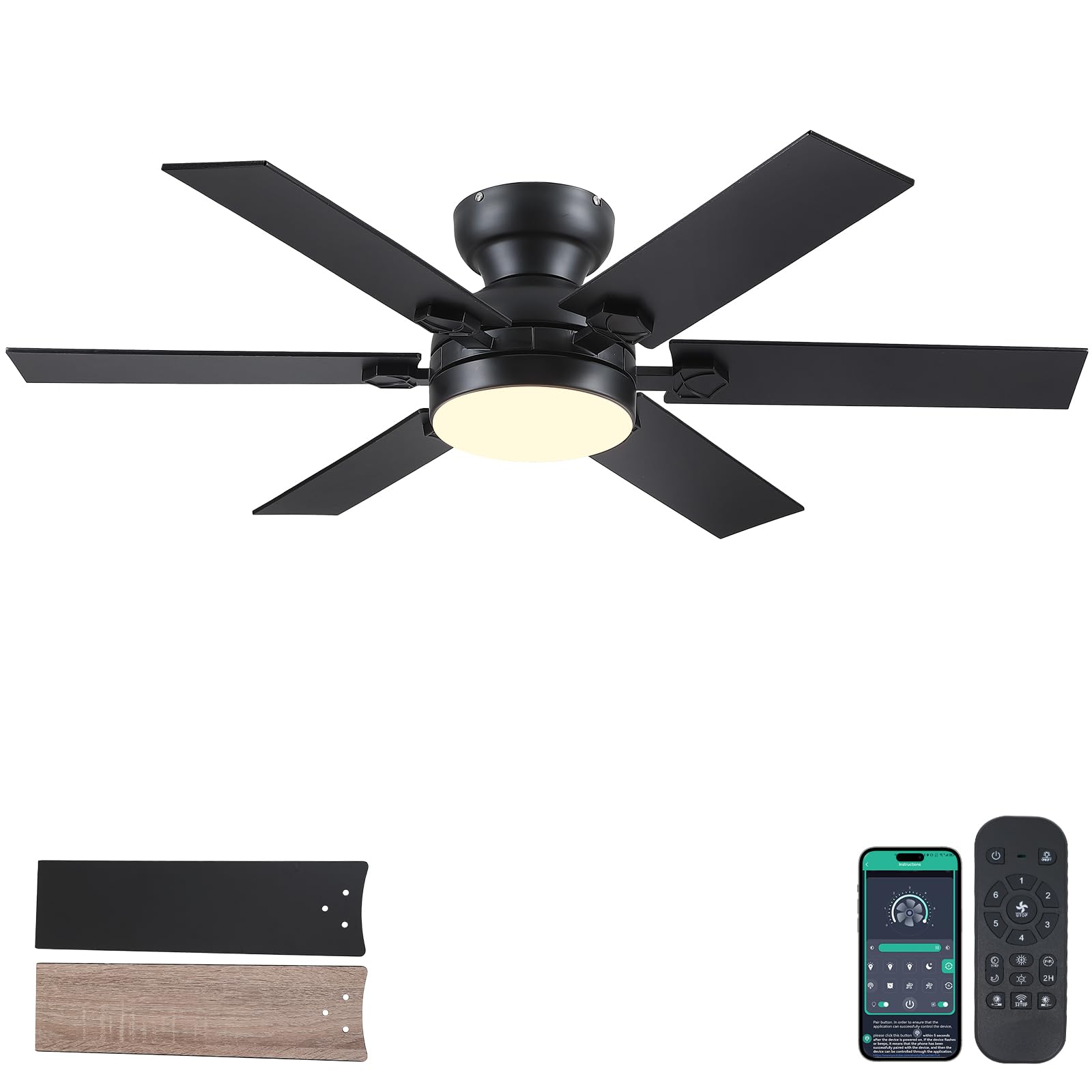 46" Low Profile Ceiling Fans with Lights and Remote,Black Outdoor Ceiling Fans with Quiet Reversible DC Motor, Modern Flush Mount Ceiling Fans for Living Room Patio Kitchen