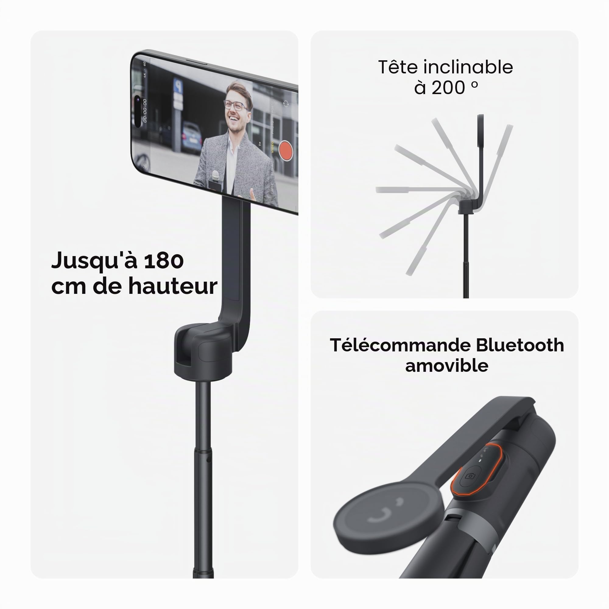 ShiftCam SnapStand Max – Perche à selfie magnétique et trépied – Compact, pliable et extensible avec tête inclinable et télécommande Bluetooth magnétique (Midnight, SnapStand Max)