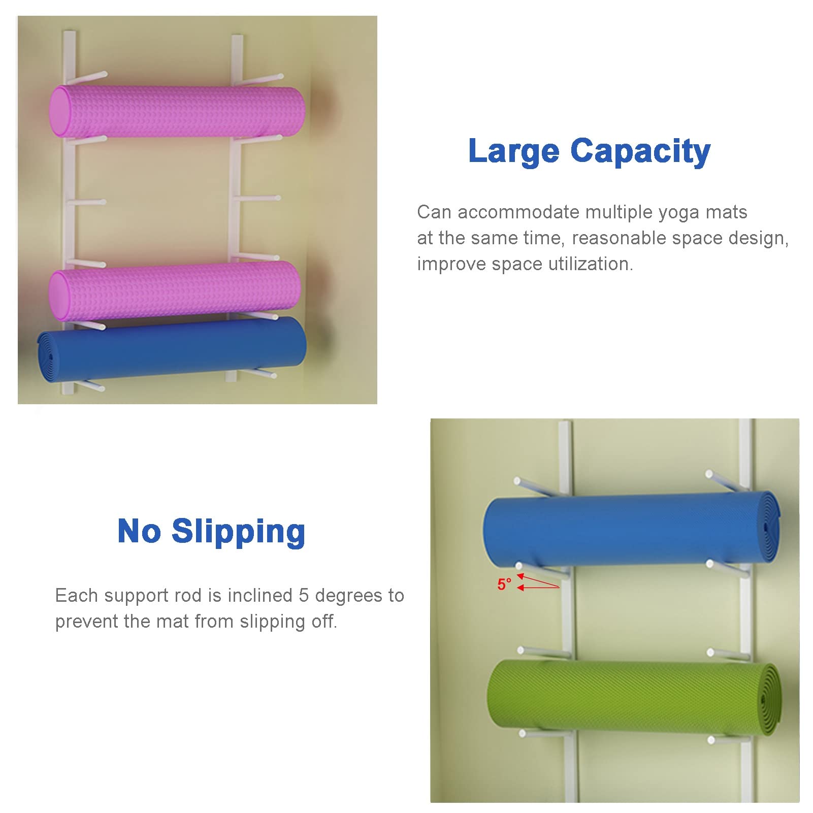 Soporte para esterillas de Yoga, Soporte de Pared de 6 Niveles, Organizador de Rodillos de Espuma y esterillas de Ejercicio de Metal para Gimnasio y hogar, fácil instalación, Elegante soluci