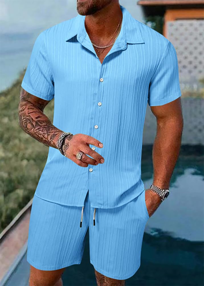 Ensemble Homme Ete Leger Chemise et Short Costume Décontracté 2 Pièces Detente Confort Maison Tenue de Plage Outfit Vetement Sport Jogging Survetement