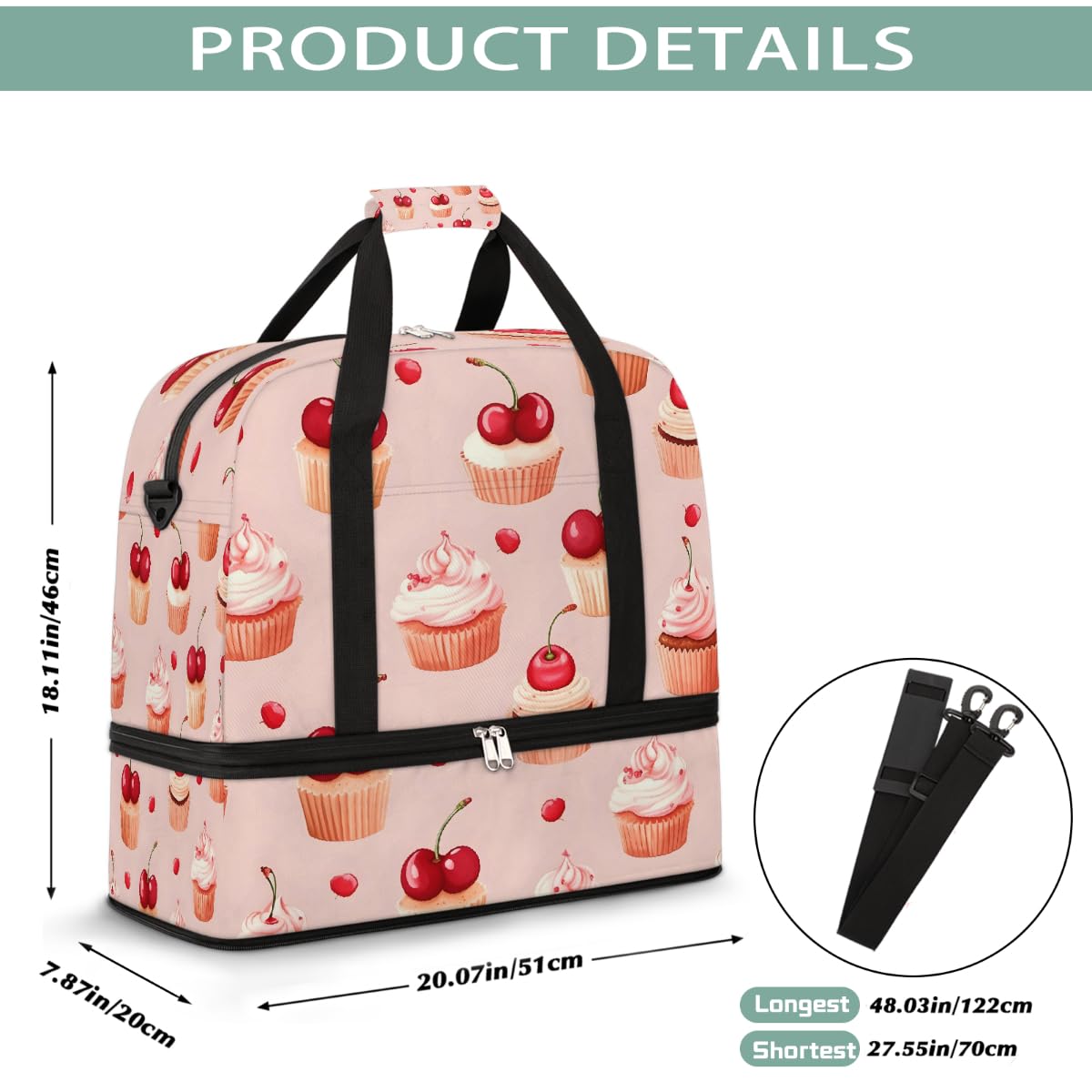 Borsone da viaggio pieghevole con motivo torta di ciliegie, borsa da palestra espandibile con scomparto per scarpe, borsa da weekend di grande capacità, borsa da viaggio per sport, viaggi notturni