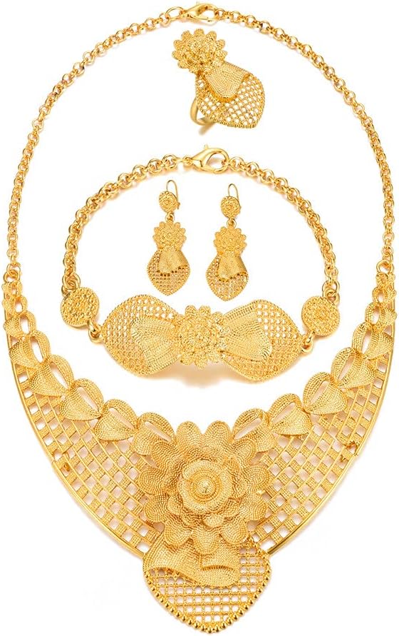 Sajayea African Jewelry for Women 24K Gold Plated Jewelry Sets Earrings Bracelet Ring Set African Wedding Bridal Gifts