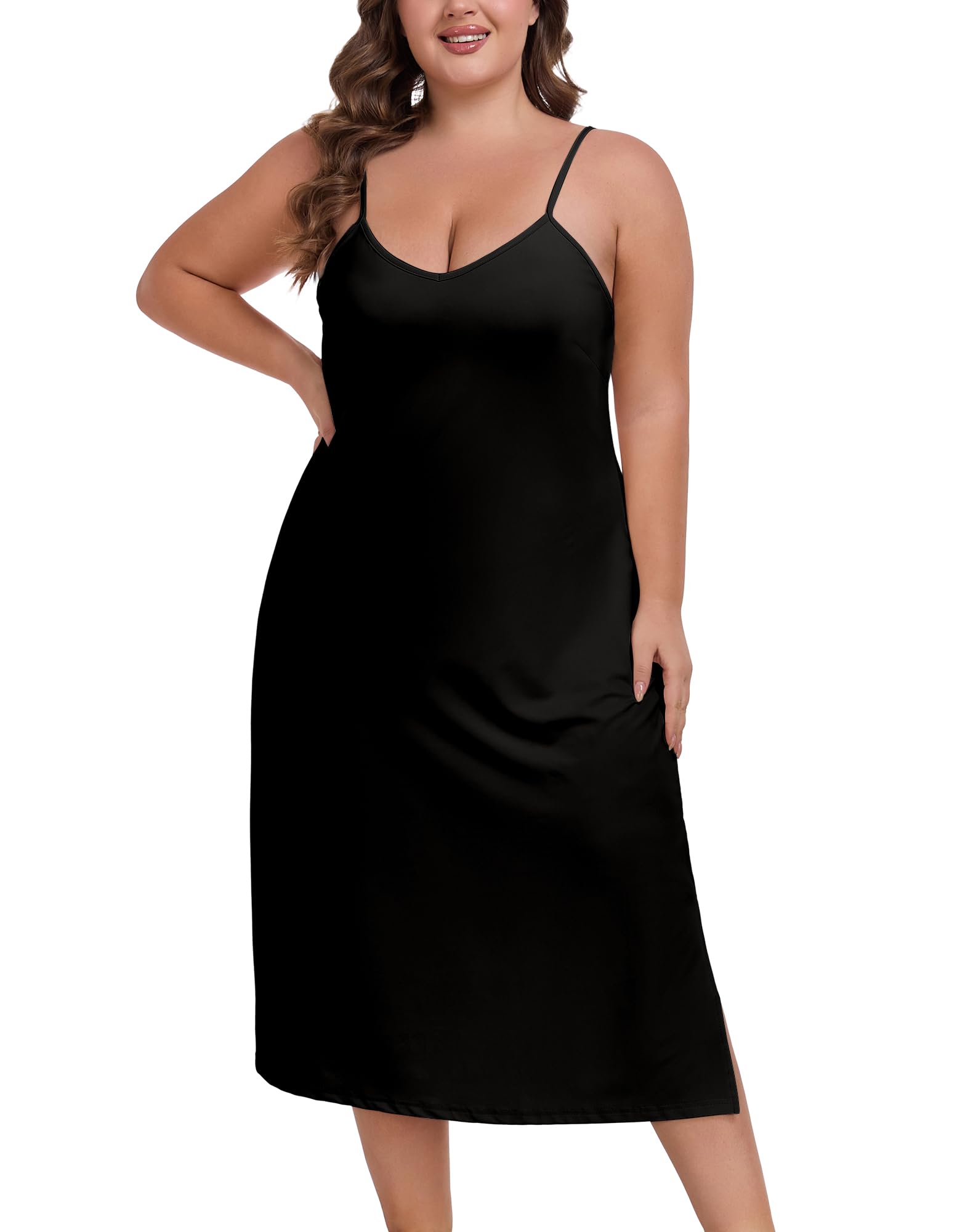 MOSCOAL Plus Size Full Slip for Women Under Dresses Adjustable Spaghetti Strap V-Neck Long Slip Cami Nightgown