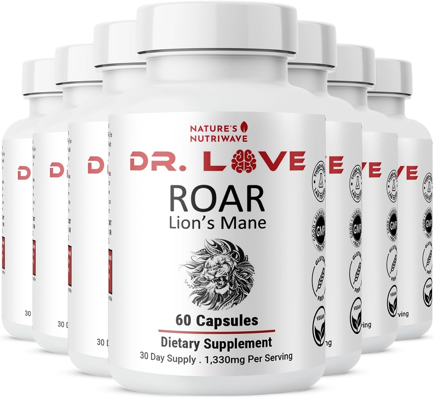 - Dr. Love Roar Lion’s Mane Mushroom Supplement – Plant-Based Formula with Cordyceps, Reishi & Shiitake – Vegan, Gluten-Free, GMP Certified, Made in USA – 60 Capsules, 8 Month Supply