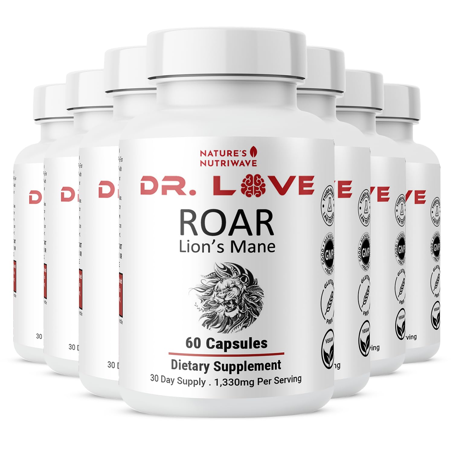 Dr. Love Roar Lion’s Mane Mushroom Supplement – Plant-Based Formula with Cordyceps, Reishi & Shiitake – Vegan, Gluten-Free, GMP Certified, Made in USA – 60 Capsules, 8 Month Supply
