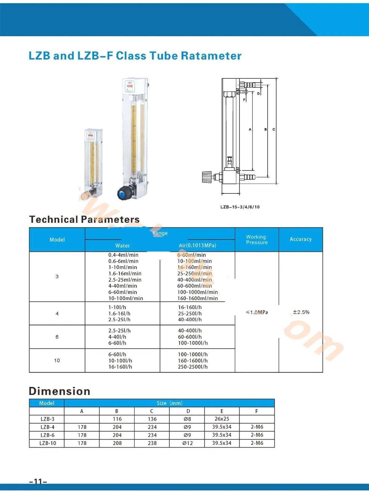 LZB -6F, medidor de Flujo rotámetro de Vidrio de Acero Inoxidable con válvula de Control for líquido y Gas. Conector, Puede Ajustar el Flujo.(100-1000 LPH for Gas)