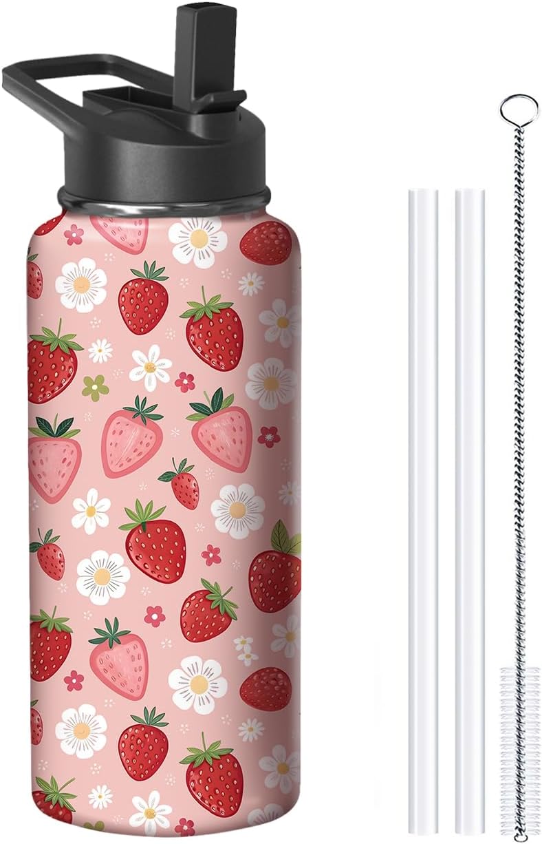 32oz Pink Strawberry Water Bottle with Handle and Flip Straw, Sports Stainless Steel Insulated Cup Travel Coffee Mug Tumbler, Birthday Mothers Day Chritmas Gifts for Women