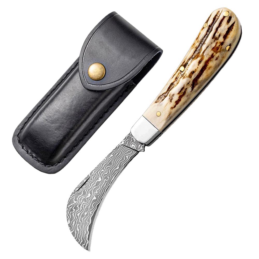 Klappmesser Edc Klein Taschenmesser damast Outdoor aus Natur geweih Neck knife geschmiedet Damaszener Stahl messer Survival Camping Jagdmesser Einhandmesser Scharfe, Damaskus faltmesser, Leder Holster