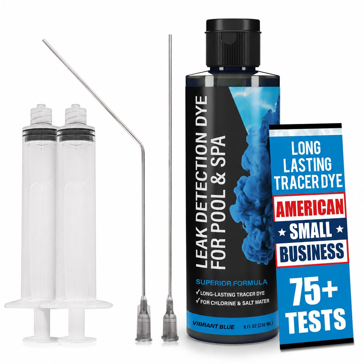 Kit de tinte para detección de fugas de piscina, más de 75 pruebas, 2 aplicadores de precisión de acero inoxidable, tinte superior de larga duración para alberca que localiza fácilmente fugas, para
