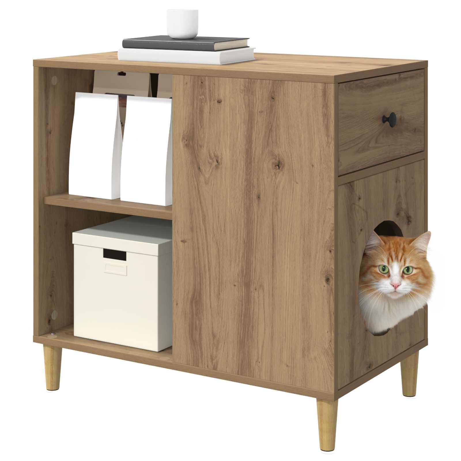Moderna casa para gatos de madera de roble, 72 x 42,5 x 70 cm, con accesorios de montaje, elegante refugio y rascador de repuesto para salón, robusta casa de dormir para gatos