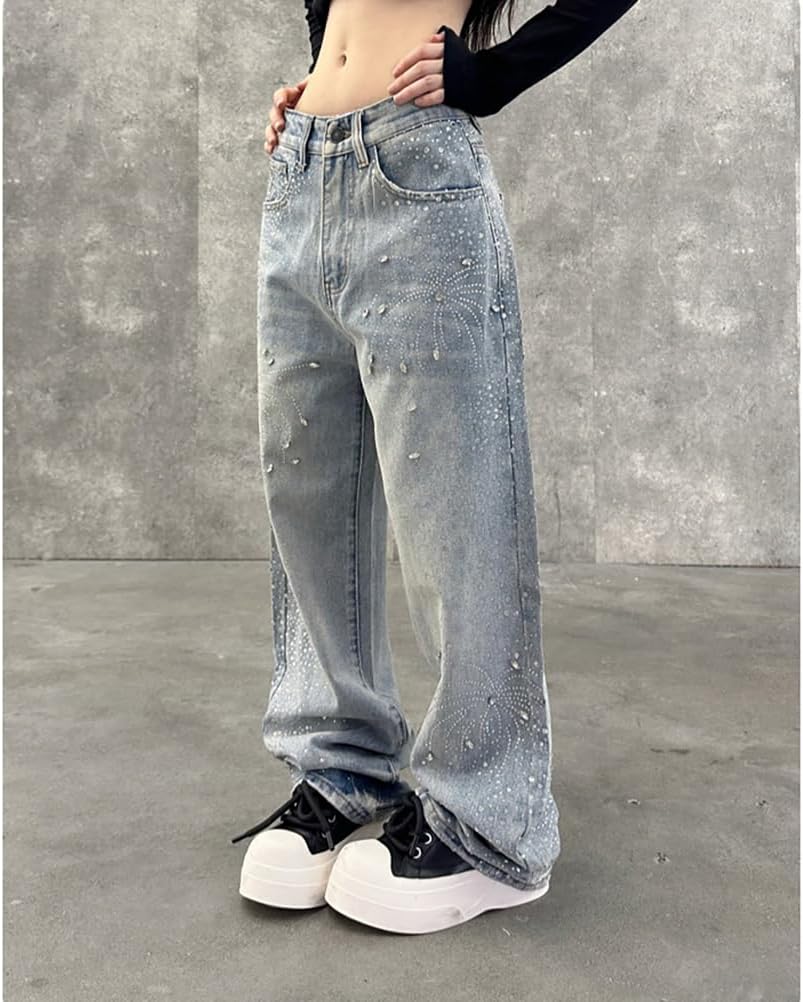 XYGJZ Women's Rhinestone Wide Leg Jeans Sparkling Baggy Denim Pants