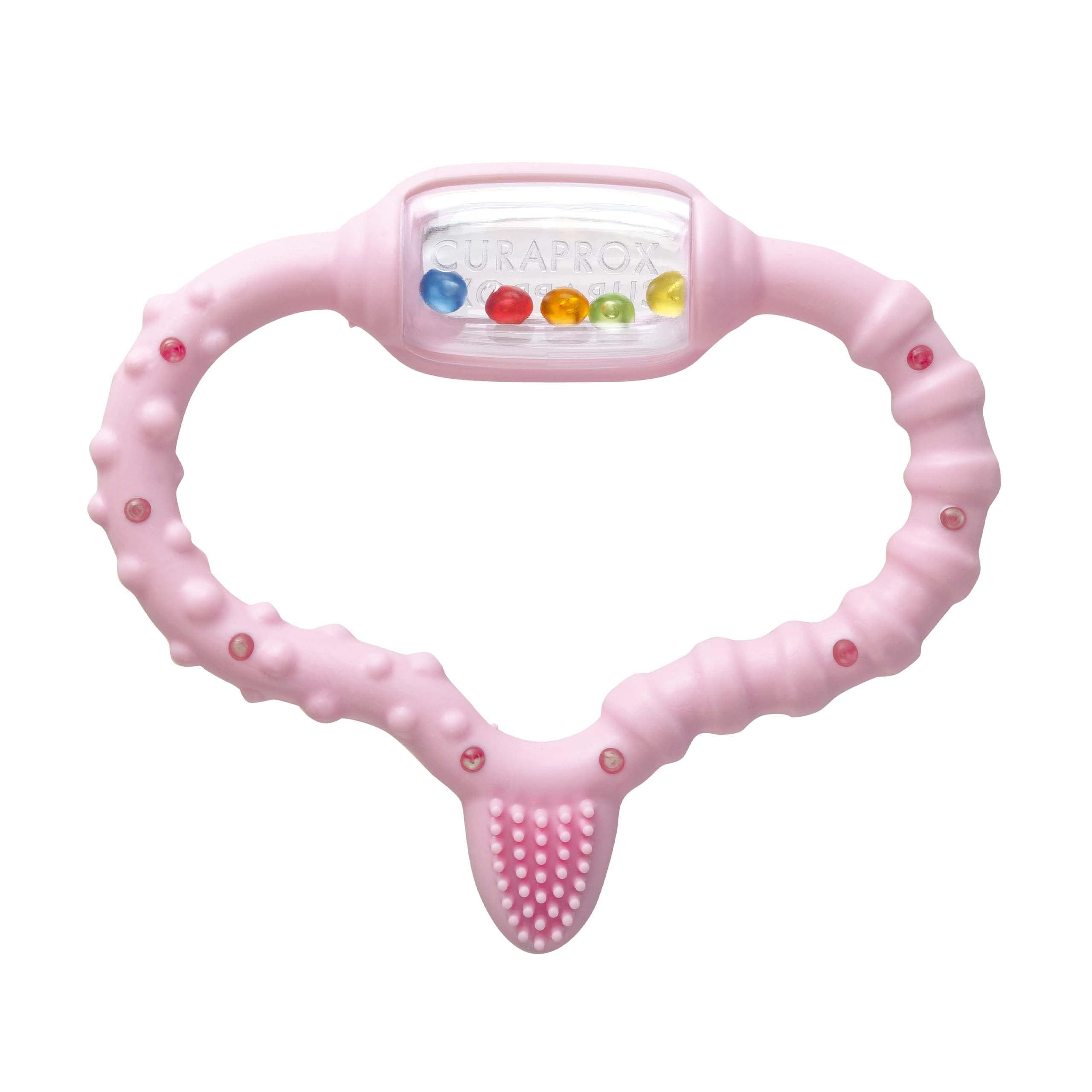 Curaprox Baby Dentizione Anello-Per neonati 0-24 mesi/Lenisce dentizione disagio e incoraggia le capacità motorie/BPA-Free, Rosa, con la formazione spazzolino da denti | Made in Switzerland