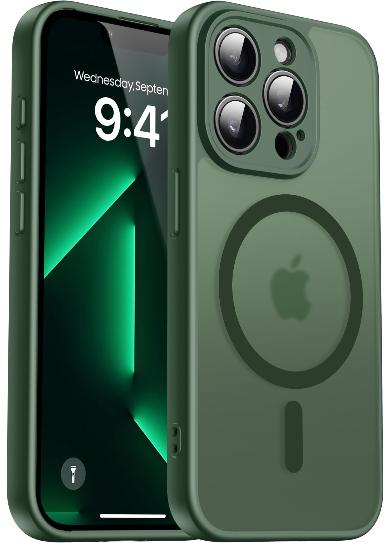 Natiiozie Magnetisch Kompatibel mit iPhone 13 Pro Hülle Kompatibel mit MagSafe, Kameraschutz FallSchutz Handyhülle, Stoßfest Kratzfest Schutzhülle Transluzente Matt Rückseite 6.1 Zoll Case Dunkelgrün