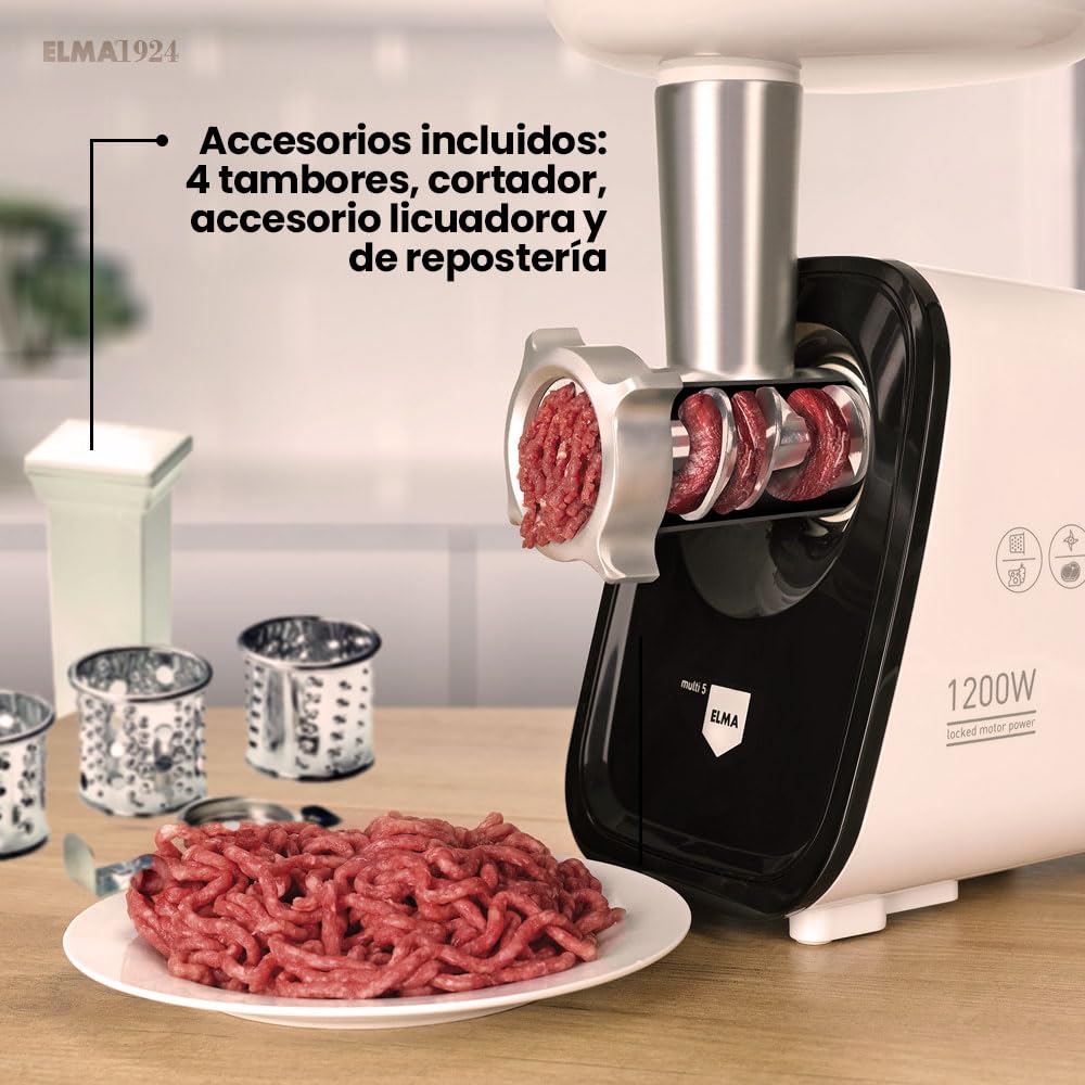 ELMA Picadora de carne eléctrica MULTI5 – Máquina Multifunción 5 en 1 | 350 W, Cabezal de Aluminio, Función Reverse, Accesorios Incluidos