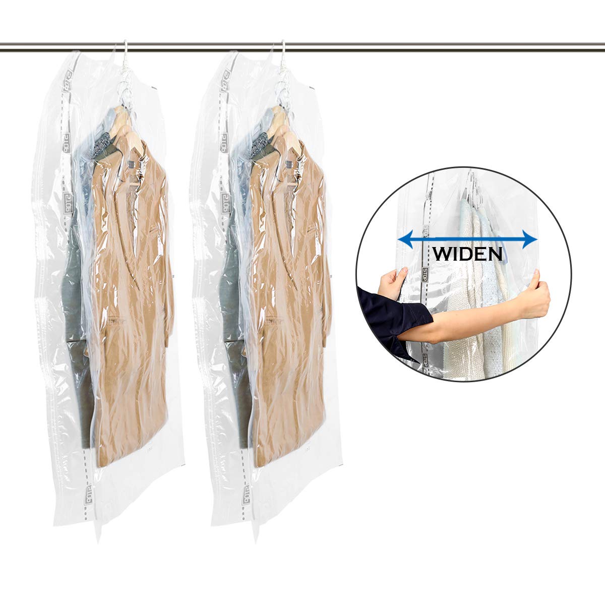 TAILI 2 Pack Hanging Vacuum Wide-Side Space Saver Bags Long Size (53"x27.6"x15"), Vacuum Seal Storage Bag for Clothes Suits, Dress, Coat or Jackets, Closet Organizer Clear Compression Bags