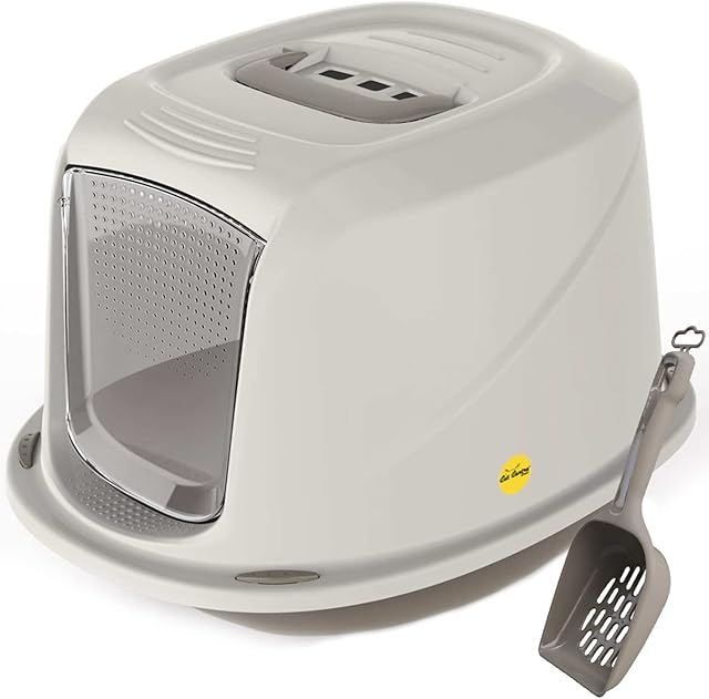 Medium Grey Hooded Kitten Litter Tray +Waste Scoop Set Carbon Filter Small Cat Toilet Pet Box Loo Pan Starter Pack Portable Swing Flap Door Carry Handle Galaxy Rounded Corners Easy Cleaning CatCentre®