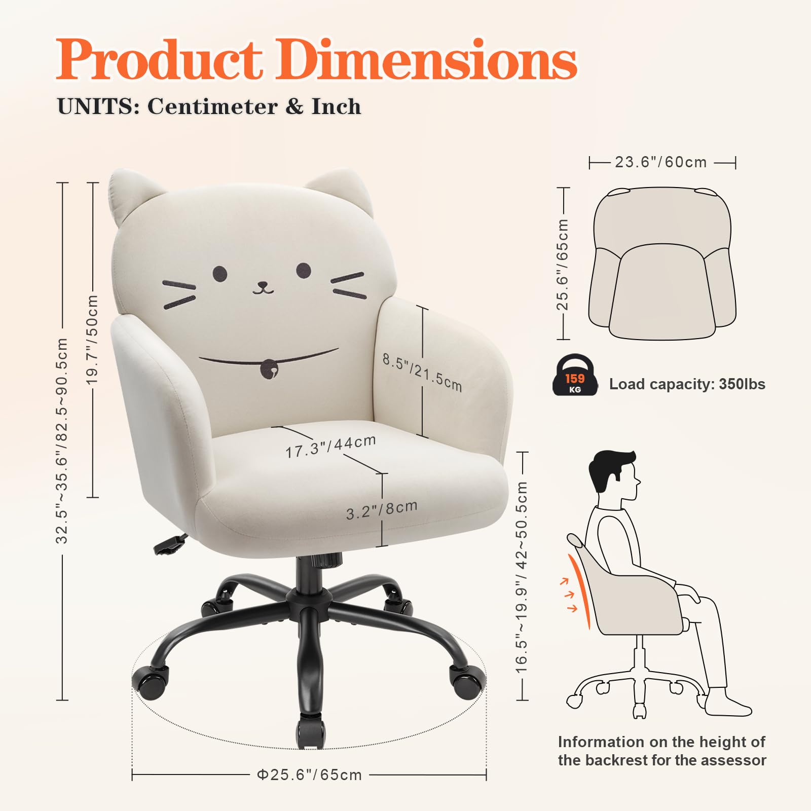 IWMH Home Office Chair Wide Seat Desk Chair Cute Velvet Swivel Vanity Chairs Cat Themed Computer Task Chairs with Wheels Upholstered Modern Accent Armchair for Living Room Bedroom Study Makeup: Cream