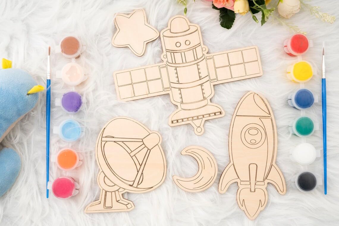 American Elm Set of 10 DIY Wooden Space Astronaut Painting Kit for Kids - Creative Wooden Toys DIY Craft Unfinished Space Figures DIY Wooden Crafts for Kids Art 1