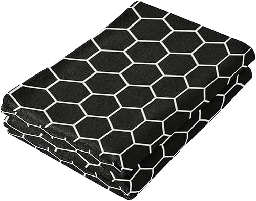 Miniatura 3 de Juego de 2 toallas faciales de poliéster suave y absorbente para baño, diseño de panal de abeja, hexagonal, negro y blanco, para peluquería,