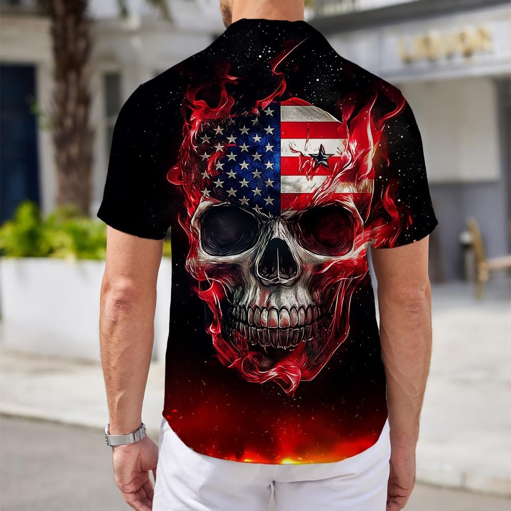 American Flag Skulll Mens Hawaiian Shirt Short Sleeve 3D Graphic Button Down Shirts Tropical Holiday Beach Aloha Shirts - Image 3